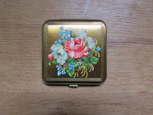 Vintage square gold-tone Glenda compact, with hand painted flowers