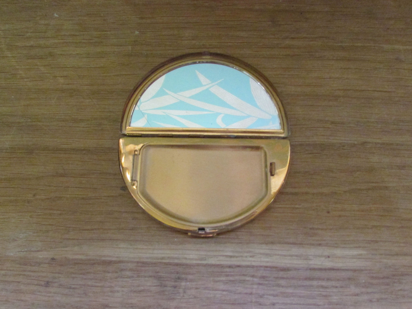 Unusual vintage needlepoint/petit point gold-tone half moon/crescent compact (empty)