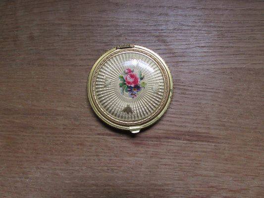 Vintage gold-tone mini compact with rose transfer