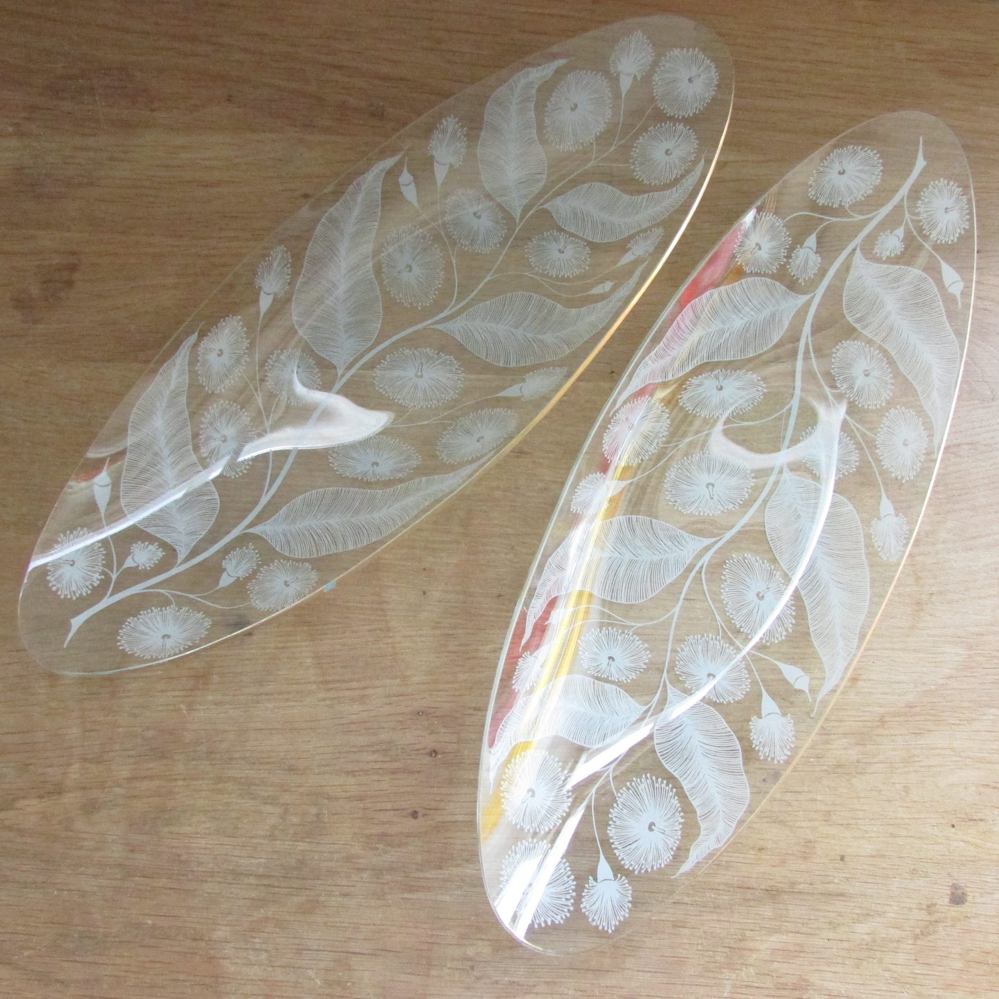 Pair of late 1950s Michael Harris for Chance Glass 'Calypto' longboat dishes