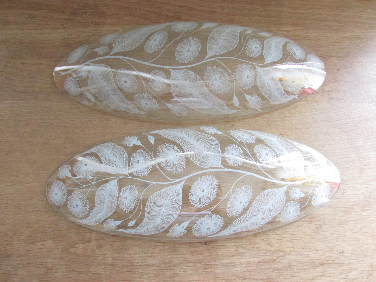 Pair of late 1950s Michael Harris for Chance Glass 'Calypto' longboat dishes