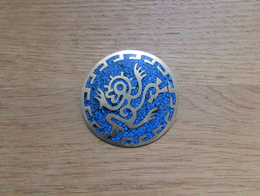 Vintage Aztec-style enamelled metal circle brooch/pendant, stamped ALPACA