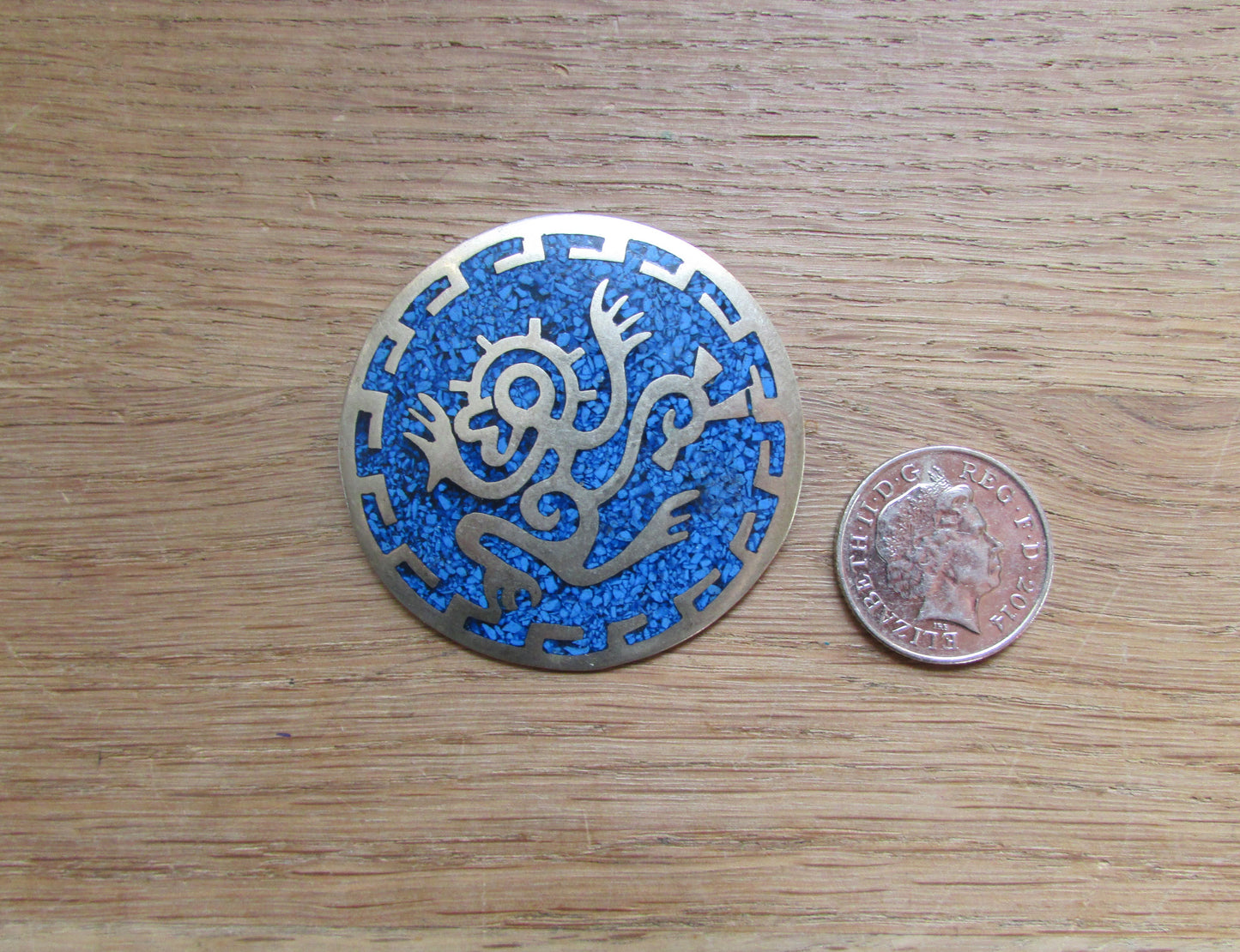 Vintage Aztec-style enamelled metal circle brooch/pendant, stamped ALPACA