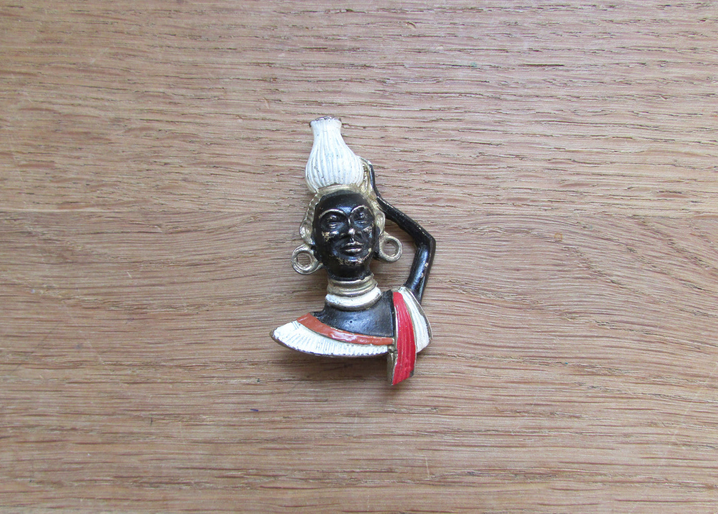 Vintage Blackamoor handpainted enamel tribal bust brooch