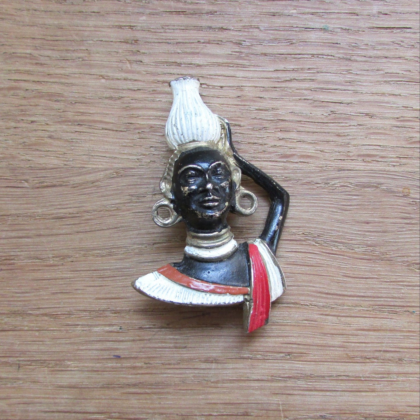 1950s/60s gold-tone hand-painted enamel figural tribal bust brooch