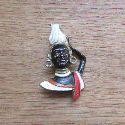 1950s/60s gold-tone hand-painted enamel figural tribal bust brooch
