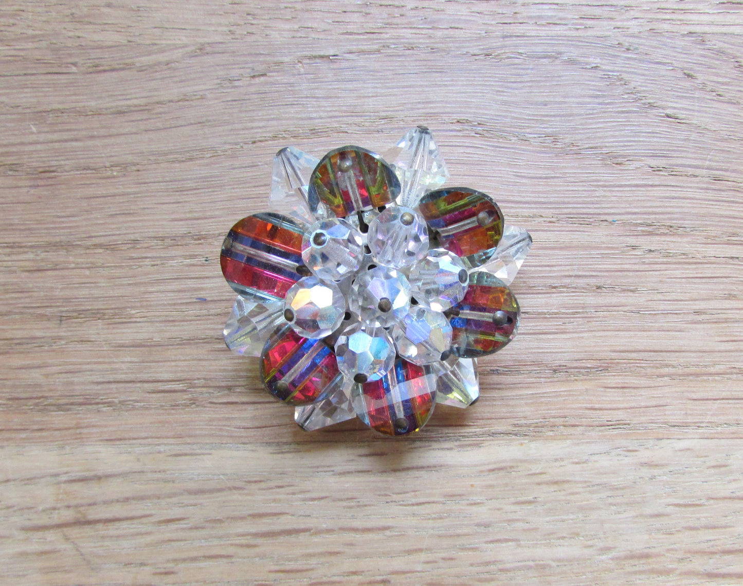 Vintage glass bead 3D flower brooch with iridescent petals
