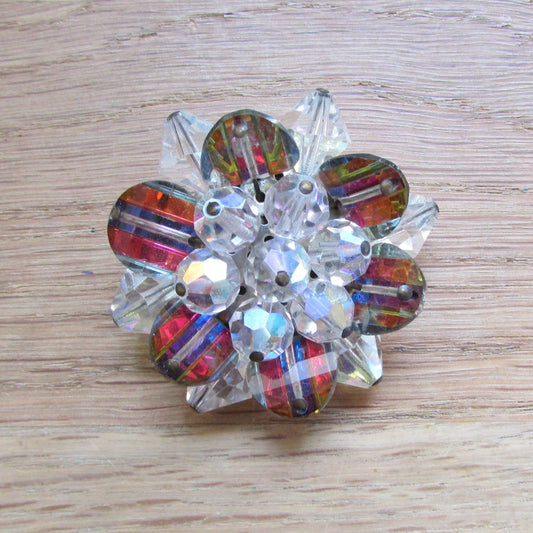 1950s iridescent glass bead & faceted crystal flower cluster brooch