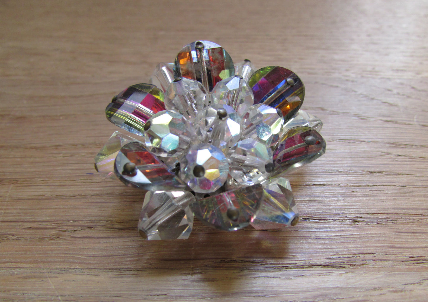 Vintage glass bead 3D flower brooch with iridescent petals