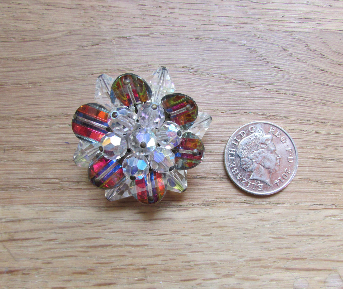 Vintage glass bead 3D flower brooch with iridescent petals