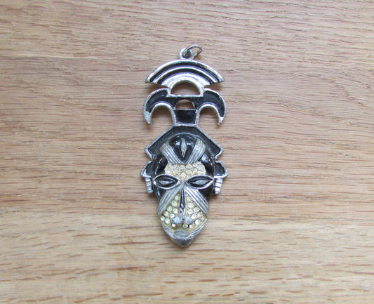 Art Deco silver-tone & black enamel tribal head pendant with diamanté detail