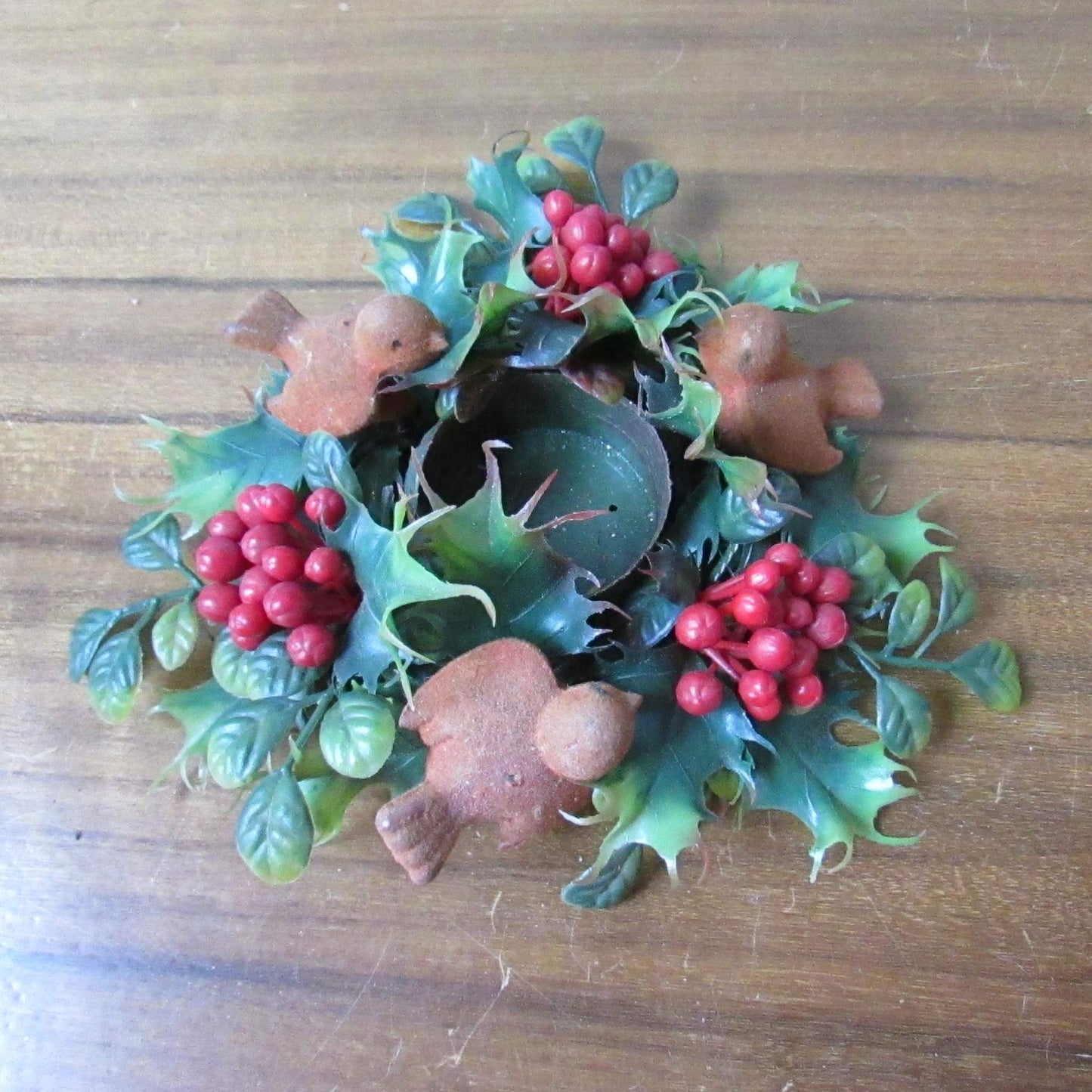 Vintage plastic foliage & Robins candle wreath, made in Hong Kong