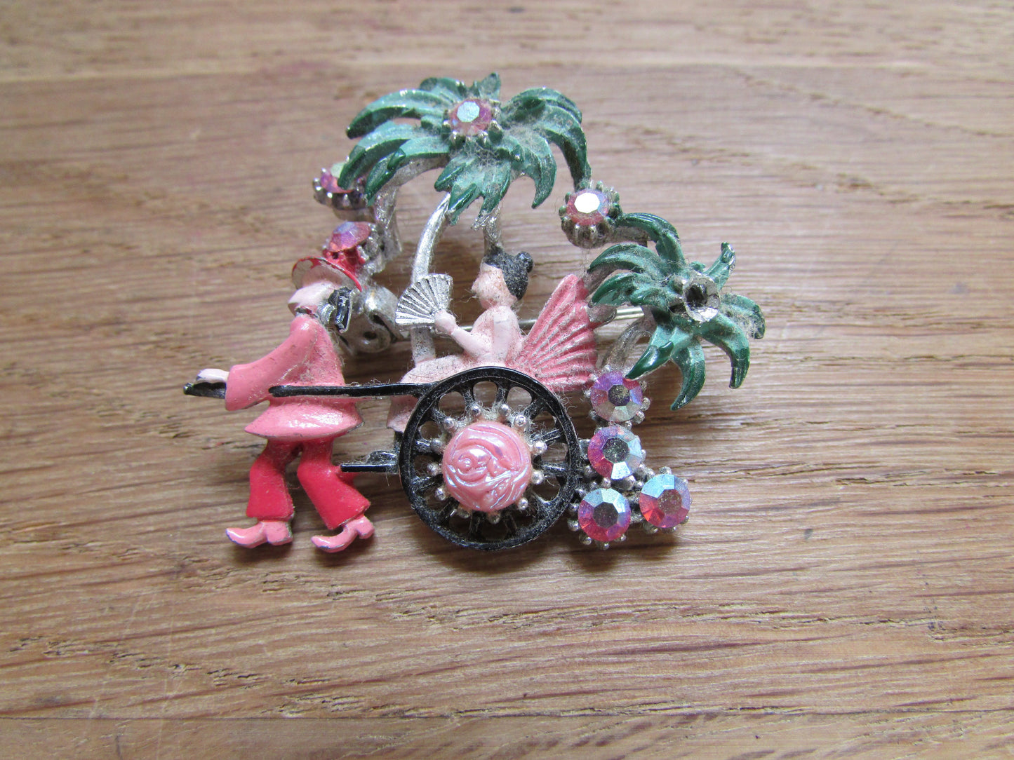 Mid-century cold painted enamel Japanese rickshaw brooch with diamanté detail