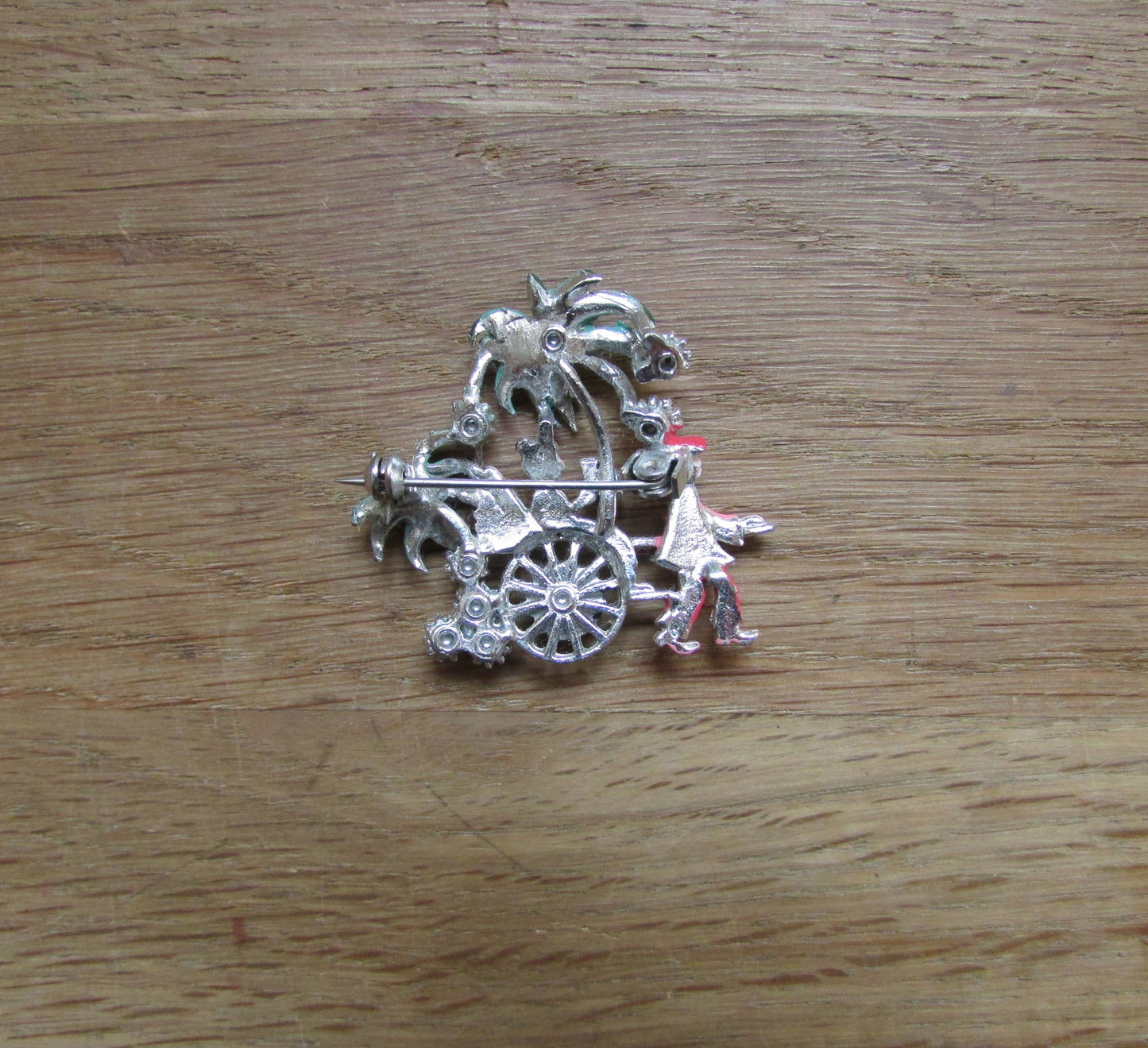 Mid-century cold painted enamel Japanese rickshaw brooch with diamanté detail