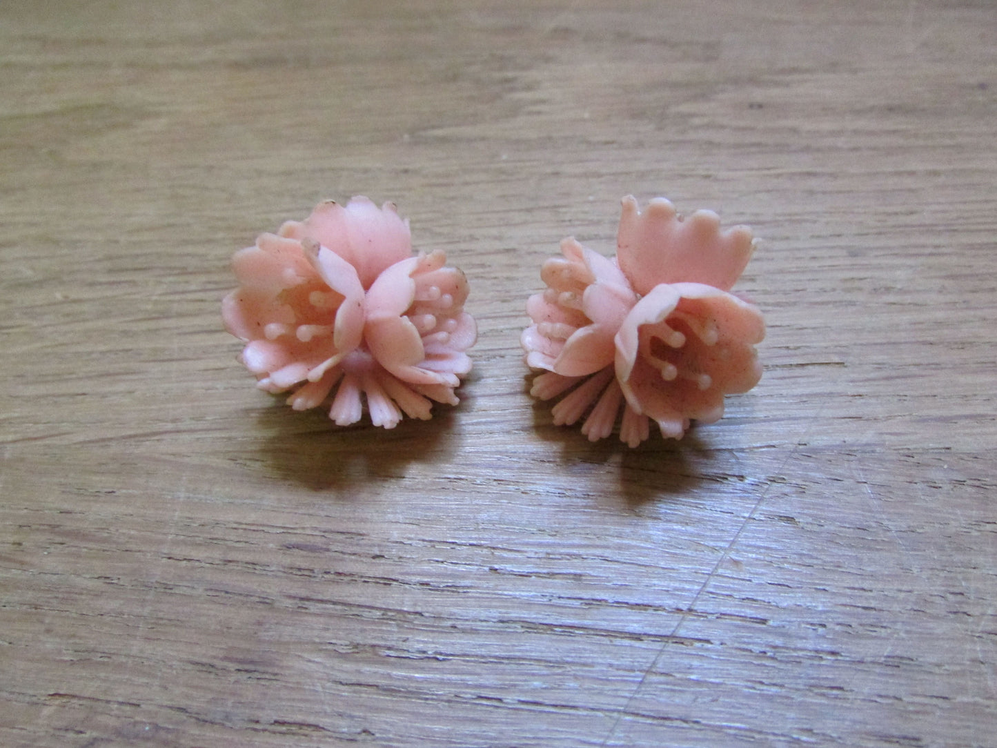 1940s peach coloured plastic three dimensional flower clip-on earrings