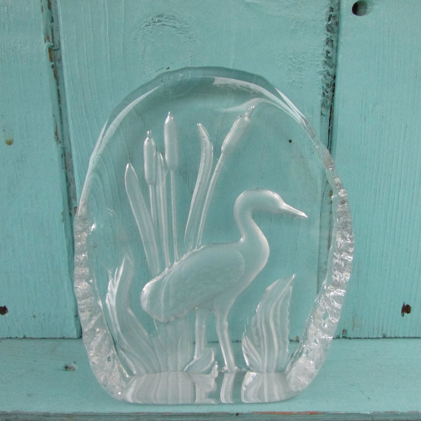 1970s Goebel intaglio crystal glass paperweight of stork in bullrushes