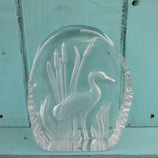 1970s Goebel intaglio crystal glass paperweight of stork in bullrushes