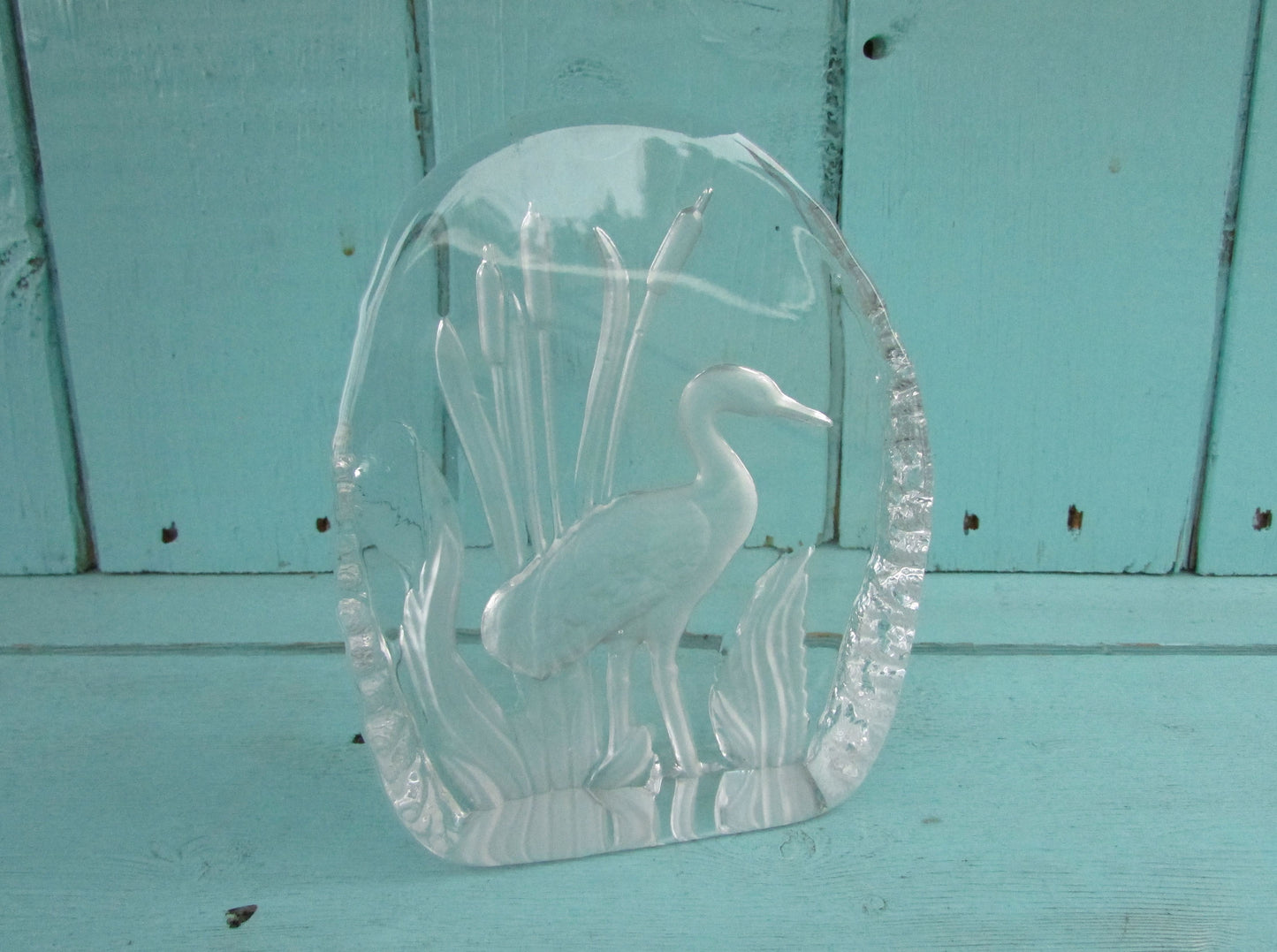 1970s Goebel intaglio crystal glass paperweight of stork in bullrushes