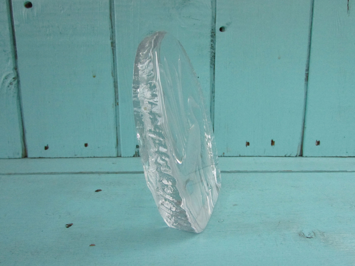 1970s Goebel intaglio crystal glass paperweight of stork in bullrushes