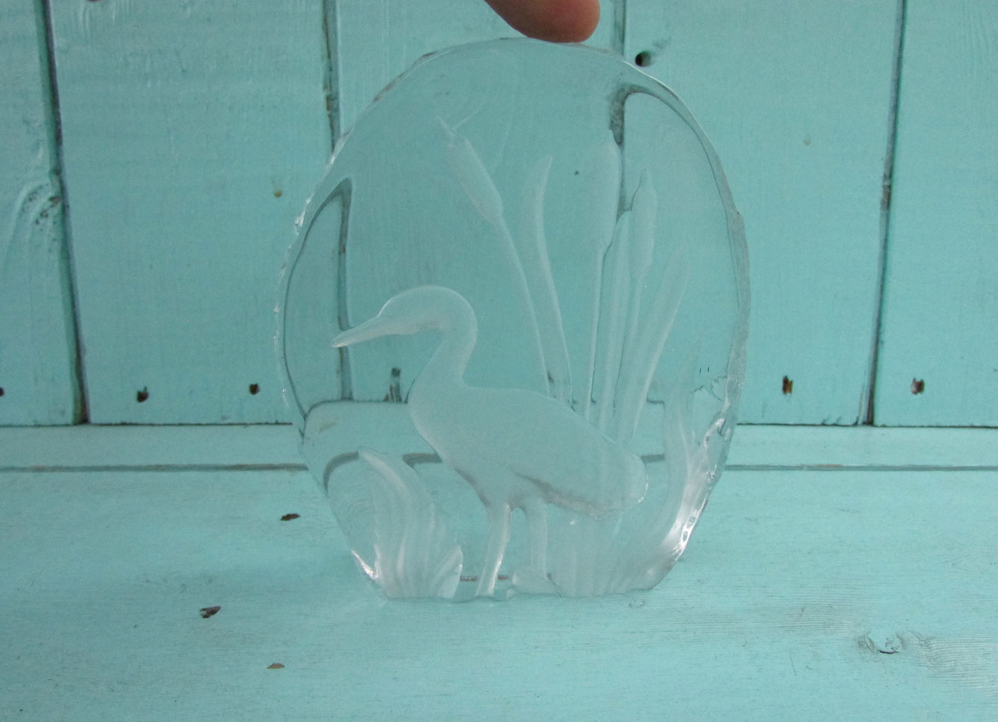 1970s Goebel intaglio crystal glass paperweight of stork in bullrushes