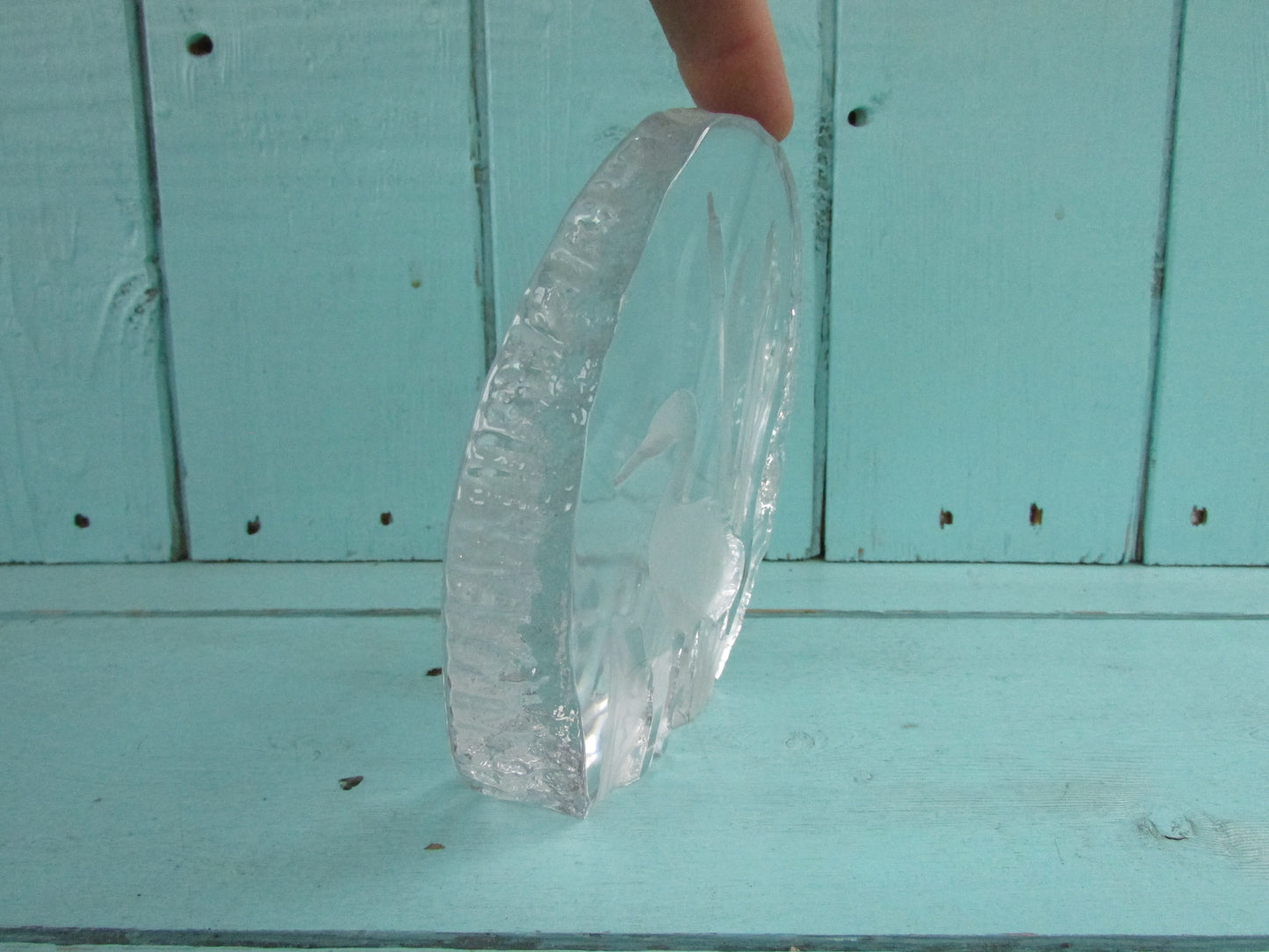 1970s Goebel intaglio crystal glass paperweight of stork in bullrushes