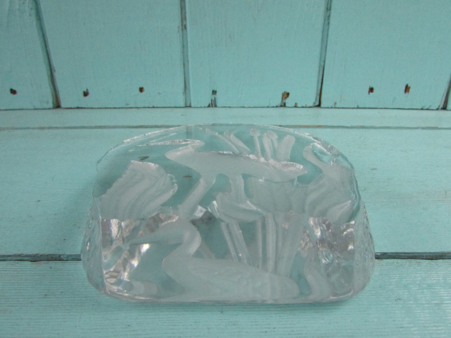 1970s Goebel intaglio crystal glass paperweight of stork in bullrushes