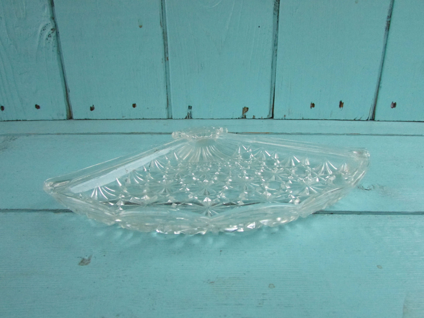 1970s Avon pressed glass triangular fan-shaped candy/trinket dish
