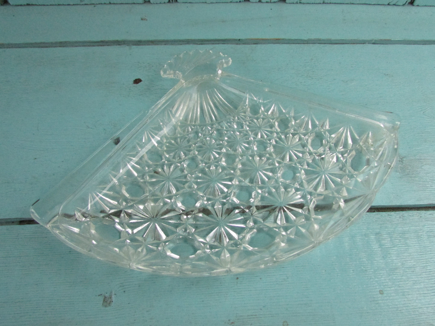 1970s Avon pressed glass triangular fan-shaped candy/trinket dish