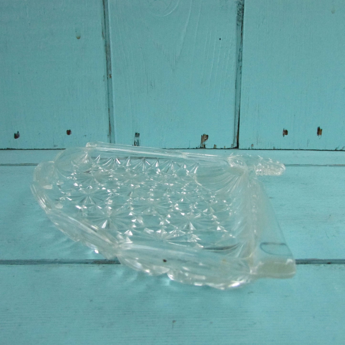 1970s Avon pressed glass triangular fan-shaped candy/trinket dish