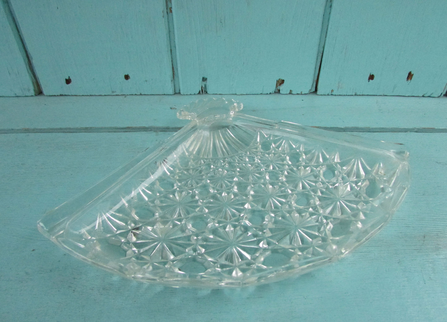1970s Avon pressed glass triangular fan-shaped candy/trinket dish