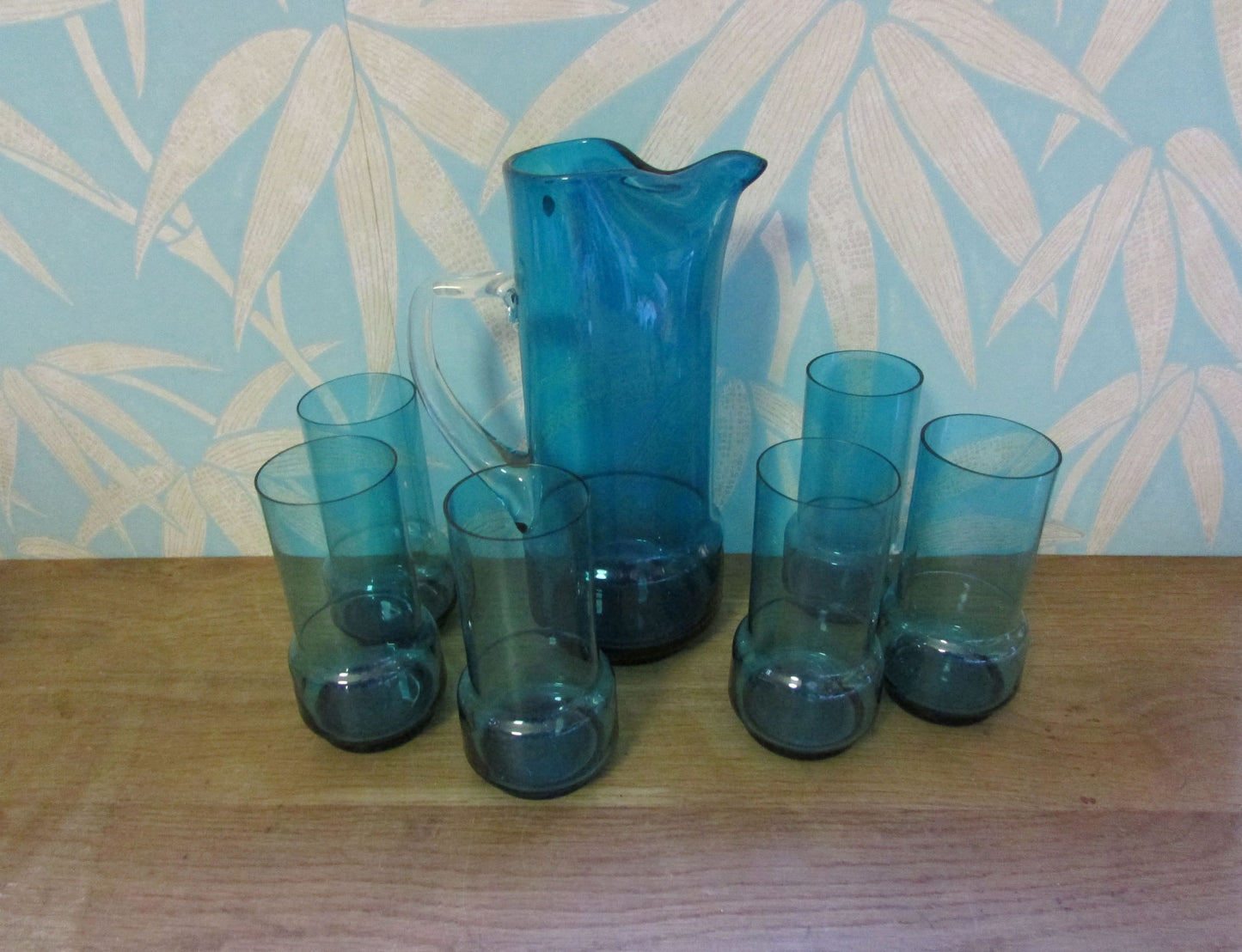 Mid-century 7-piece aqua/peacock blue glass water jug set