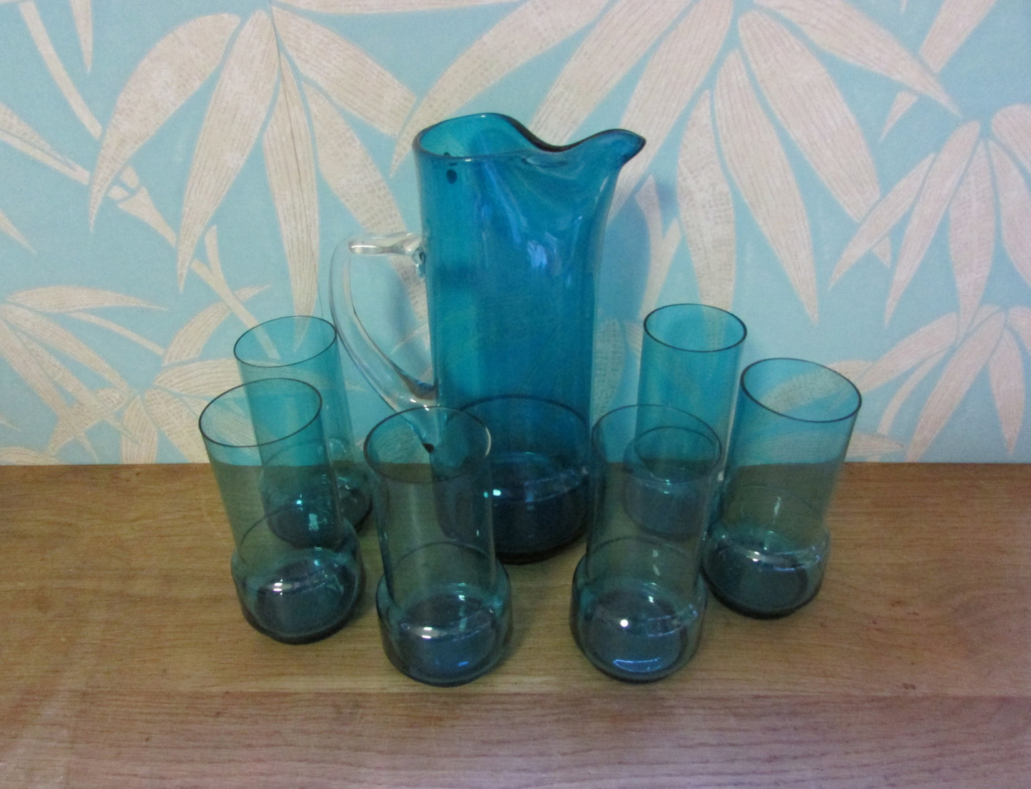 Mid-century 7-piece aqua/peacock blue glass water jug set