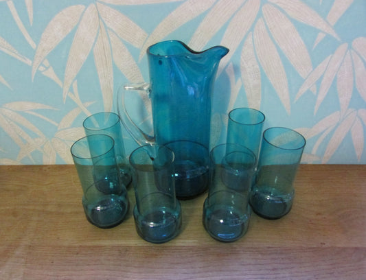 Mid-century 7-piece aqua/peacock blue glass water jug set