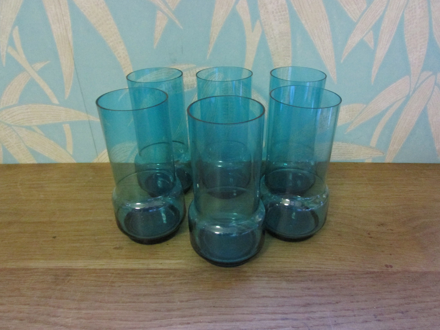 Mid-century 7-piece aqua/peacock blue glass water jug set