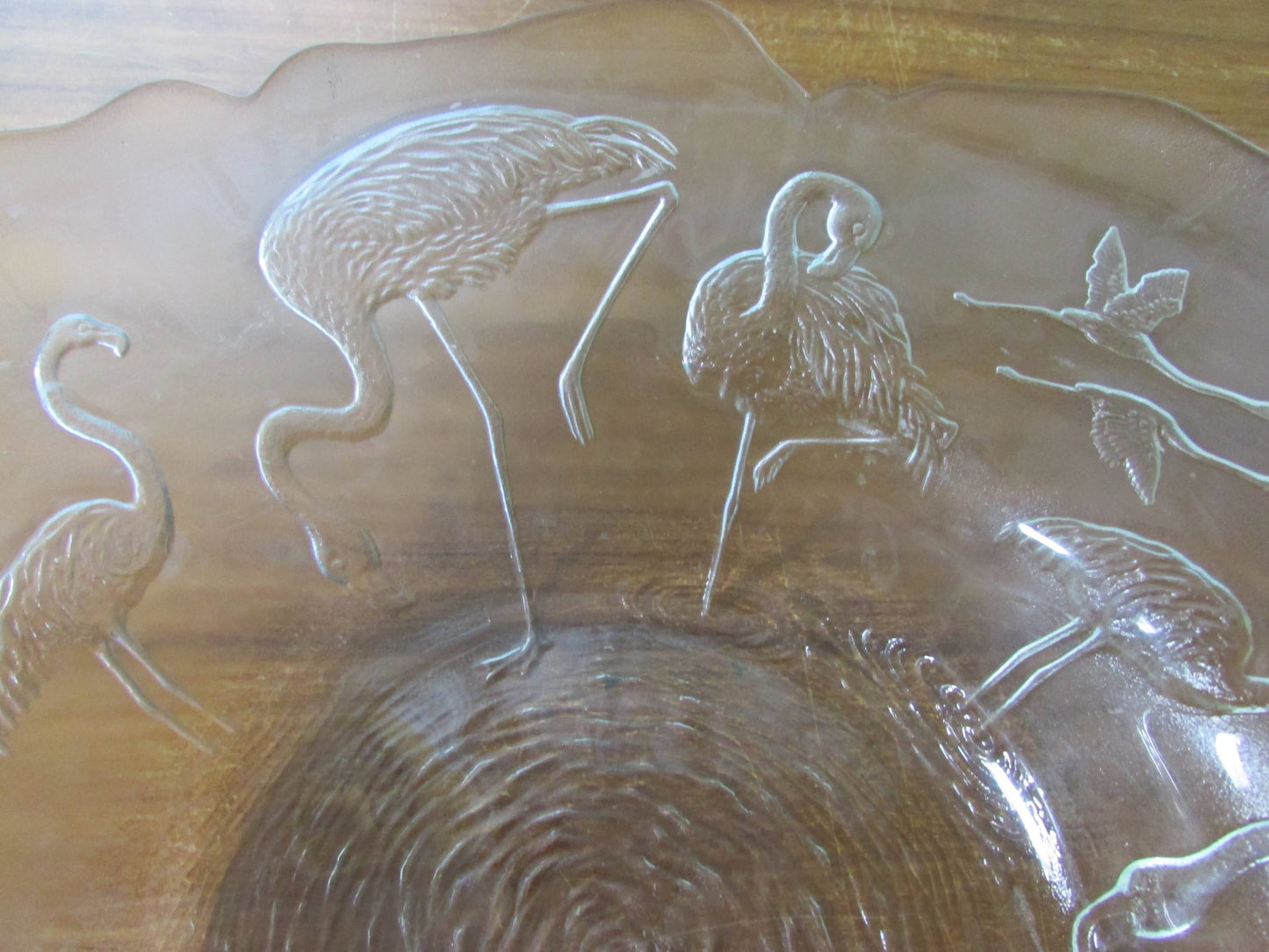 Vintage embossed flamingos large glass console bowl, made in France