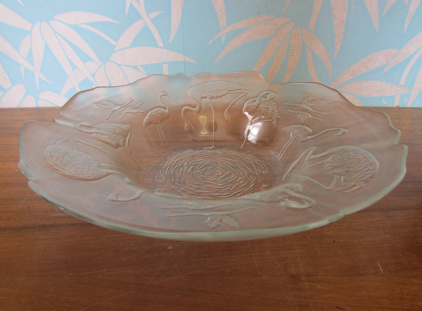 Vintage embossed flamingos large glass console bowl, made in France