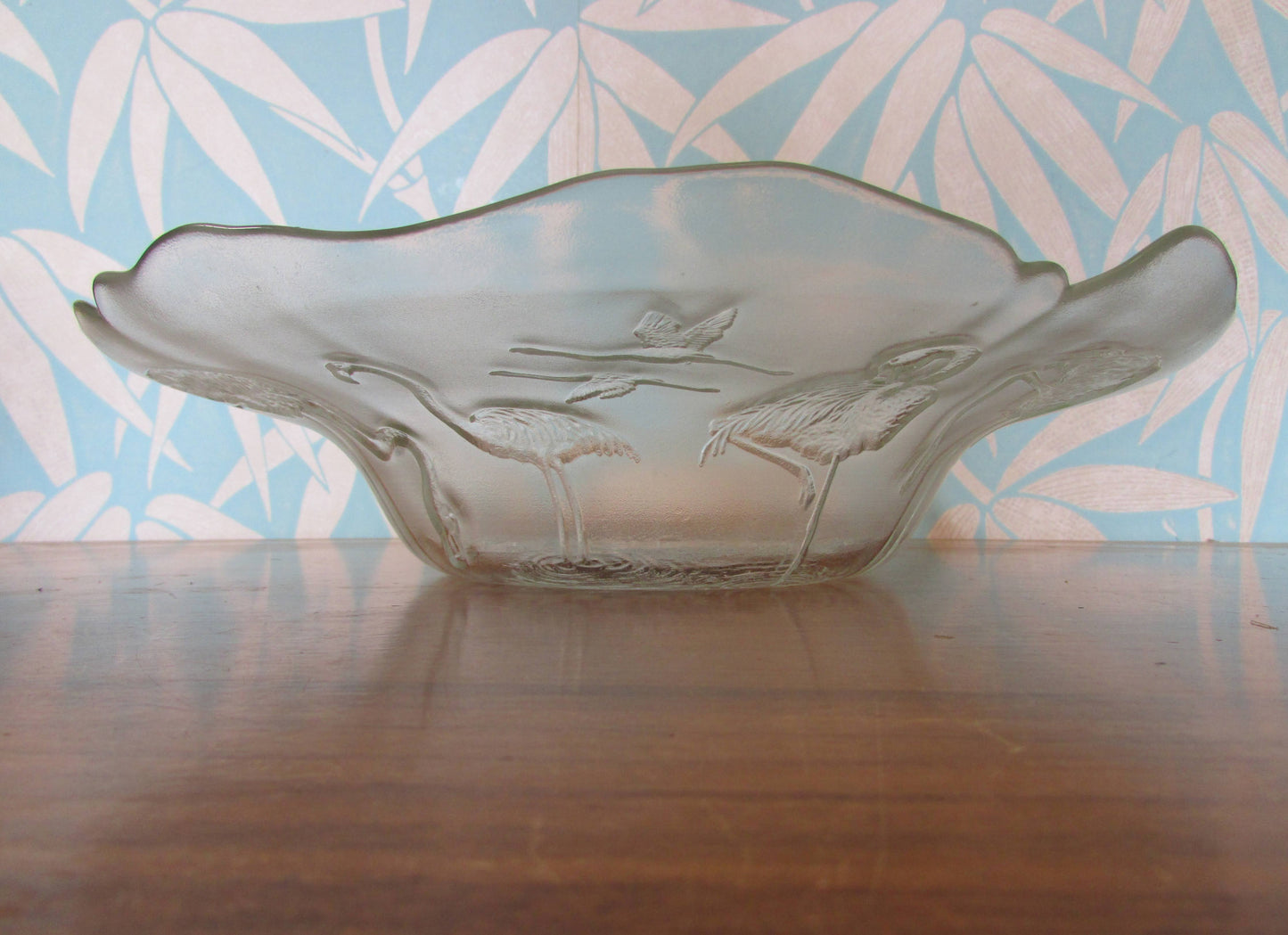 Vintage embossed flamingos large glass console bowl, made in France