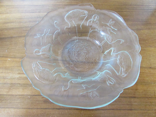 Vintage embossed flamingos large glass console bowl, made in France