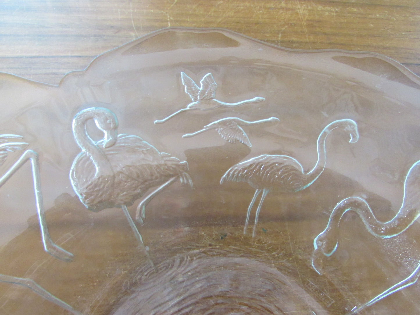 Vintage embossed flamingos large glass console bowl, made in France