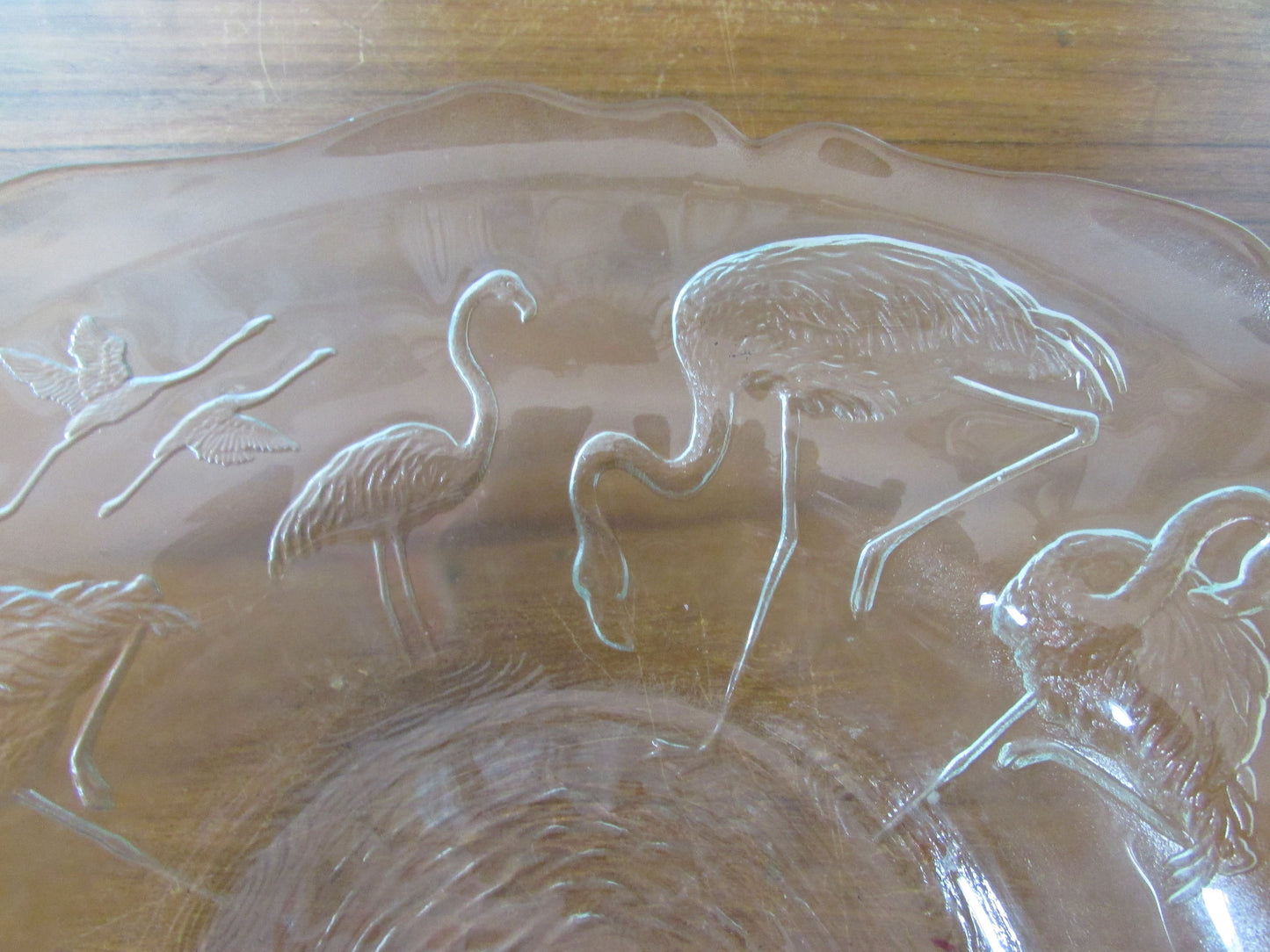 Vintage embossed flamingos large glass console bowl, made in France
