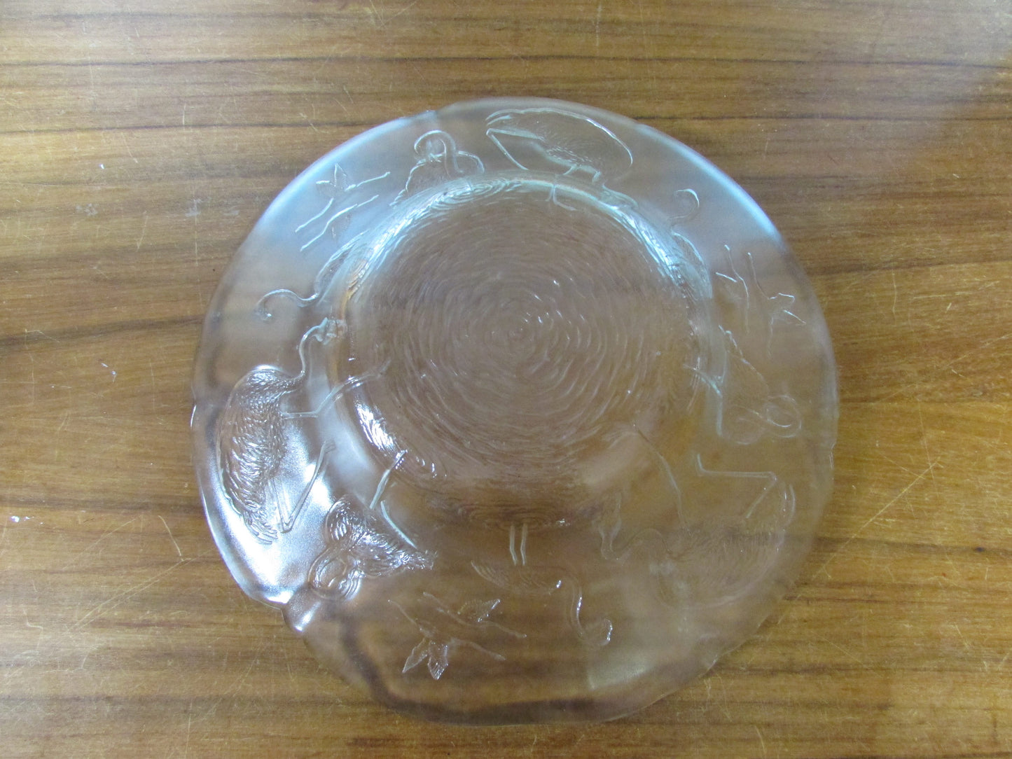 Vintage embossed flamingos large glass console bowl, made in France