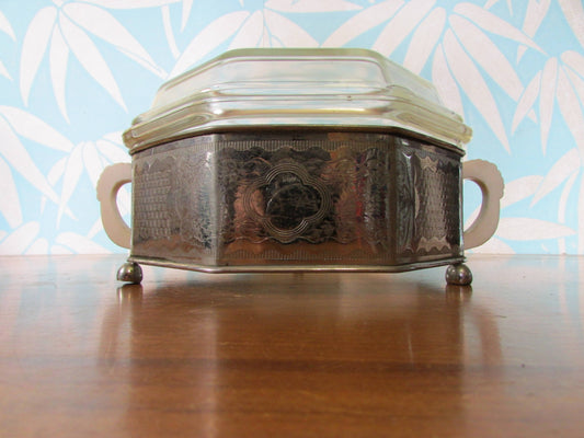 Art Deco Phoenix octagonal glass roasting dish with silver plate & Bakelite plate