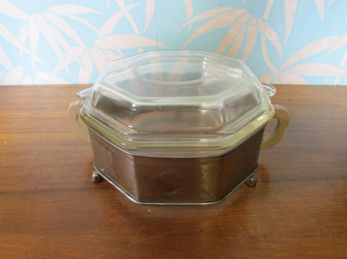 Art Deco Phoenix octagonal glass roasting dish with silver plate & Bakelite plate