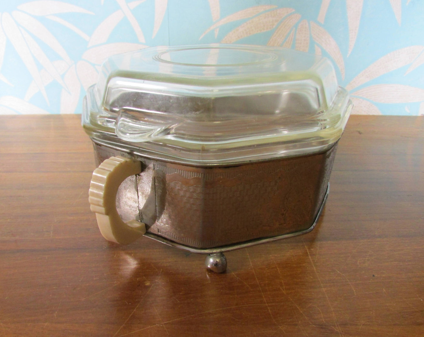 Art Deco Phoenix octagonal glass roasting dish with silver plate & Bakelite plate