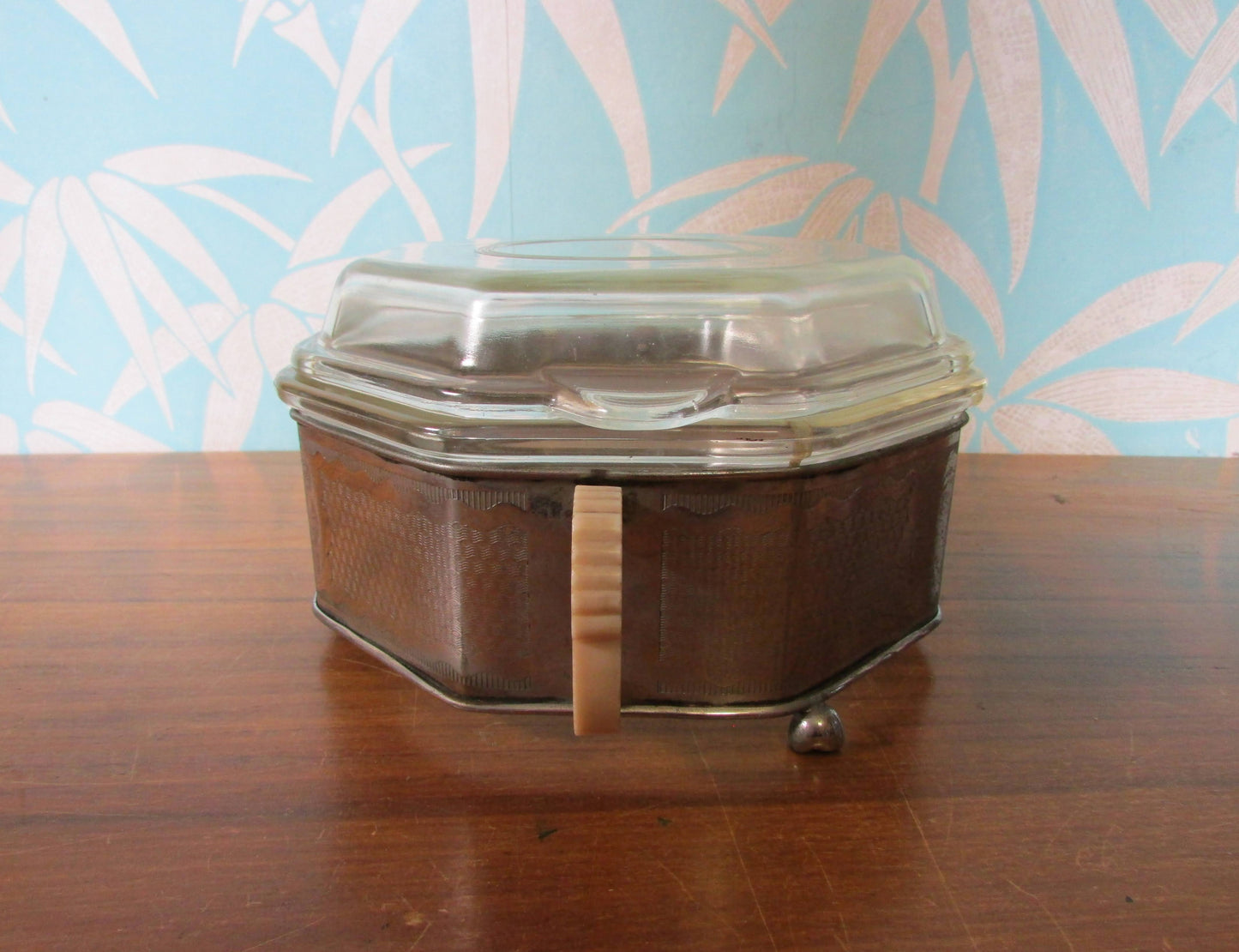 Art Deco Phoenix octagonal glass roasting dish with silver plate & Bakelite plate
