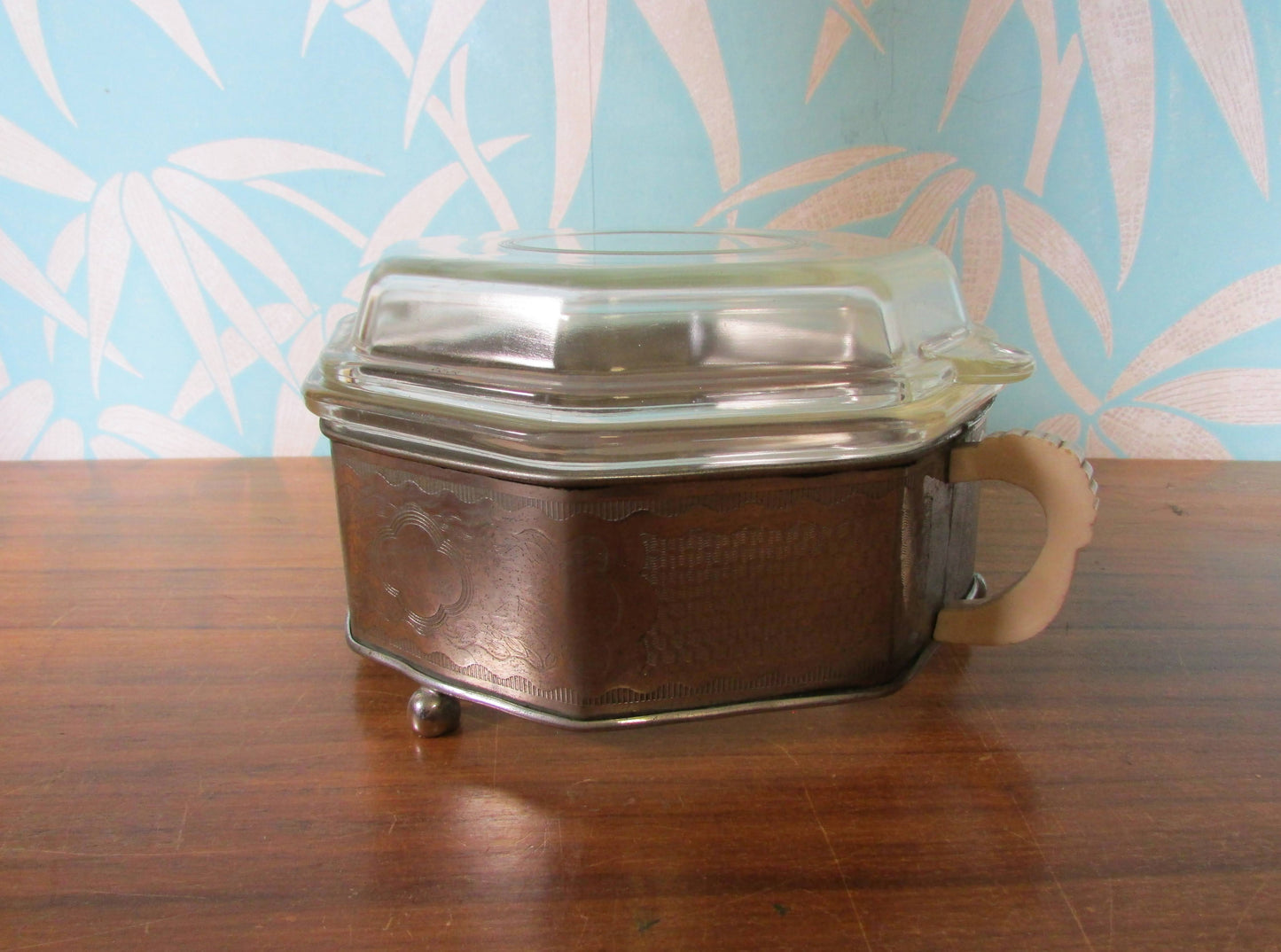 Art Deco Phoenix octagonal glass roasting dish with silver plate & Bakelite plate