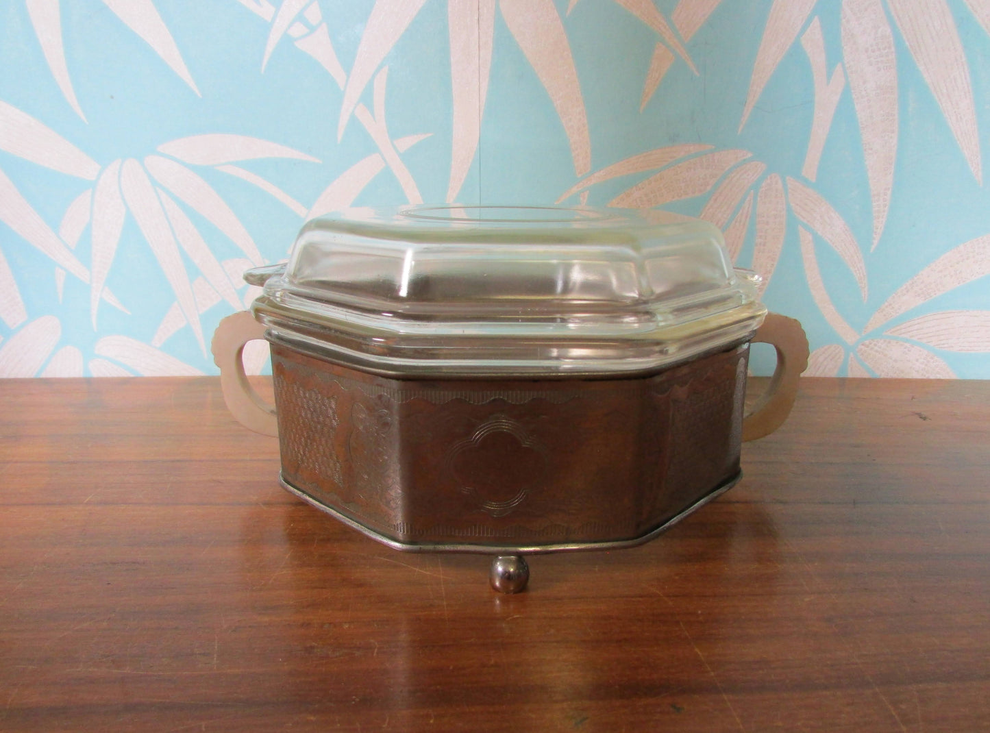 Art Deco Phoenix octagonal glass roasting dish with silver plate & Bakelite plate