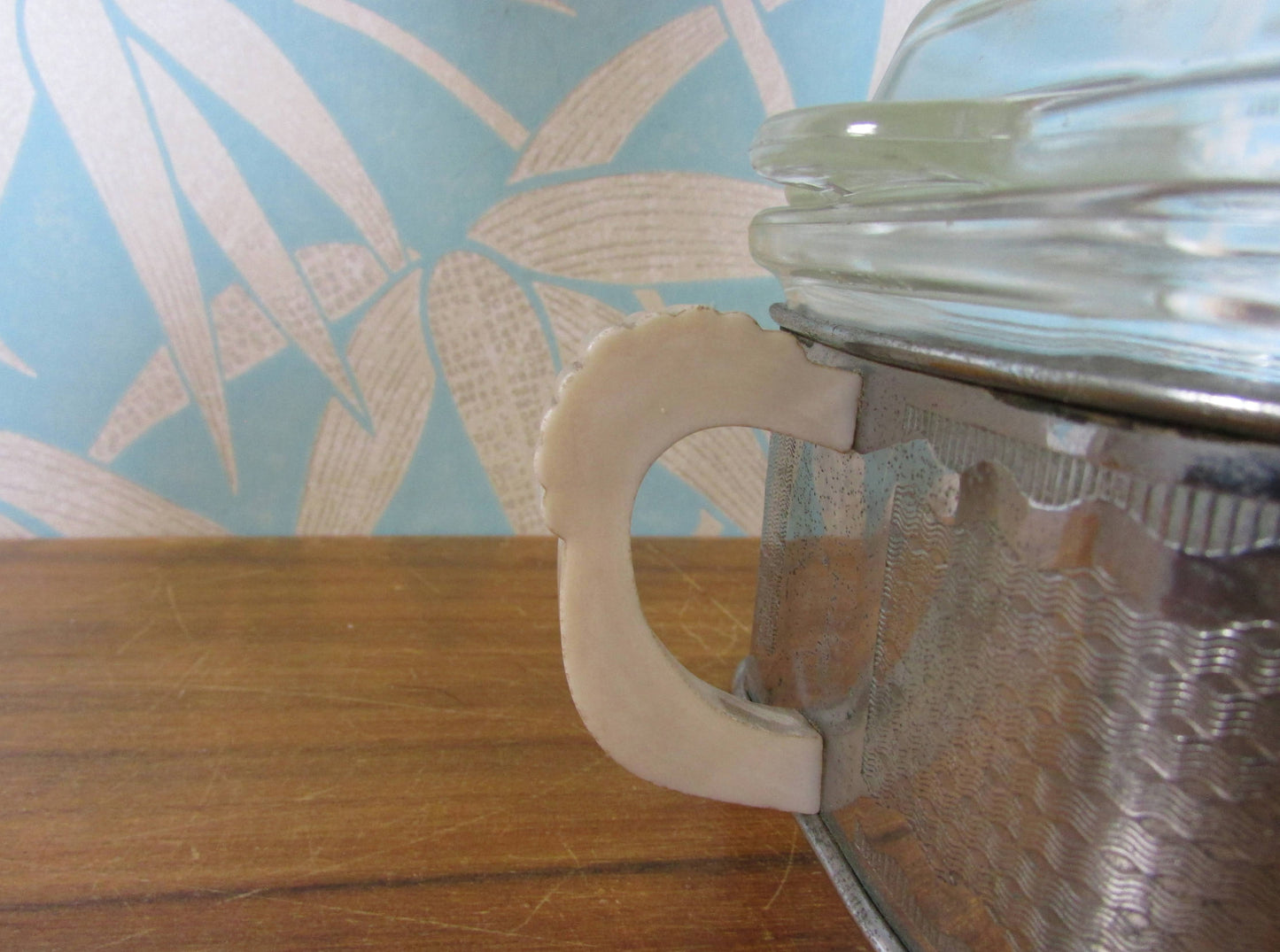 Art Deco Phoenix octagonal glass roasting dish with silver plate & Bakelite plate