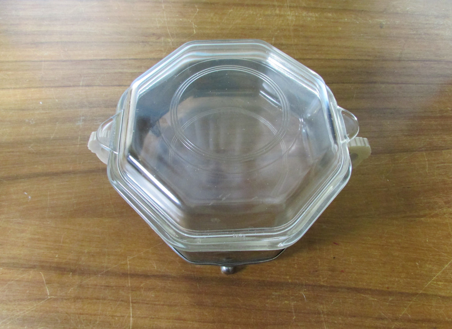 Art Deco Phoenix octagonal glass roasting dish with silver plate & Bakelite plate