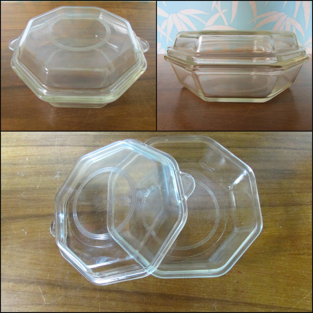 Art Deco Phoenix octagonal glass roasting dish with silver plate & Bakelite plate